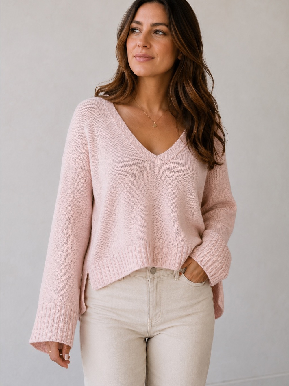 Vintage Pastel Pink V-Neck Cashmere Sweater Sz M Oversized Quiet Luxury Preppy